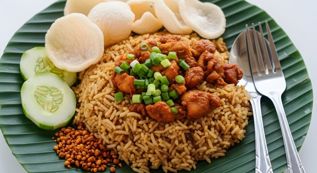 Chicken rice with cucumber and green leaves photo