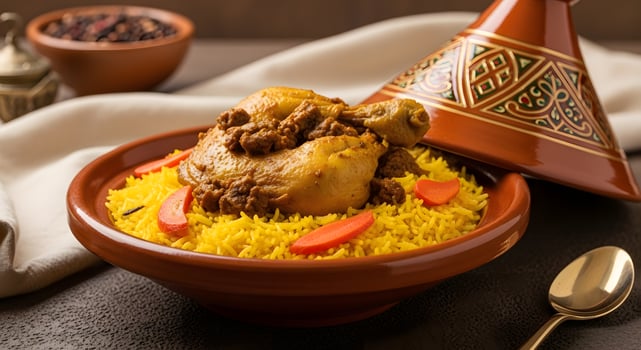 A plate of rice and chicken with carrots and a bowl of sauce photo