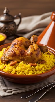 Chicken with rice and almonds on a plate photo