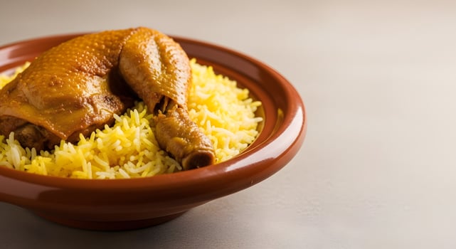 A chicken is served on rice in a brown bowl photo