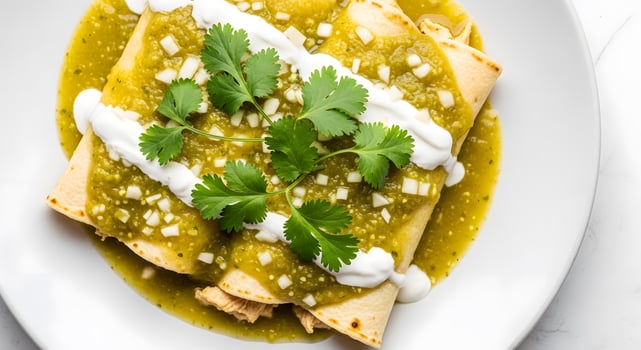 Chicken enchiladas with green sauce and sour cream photo