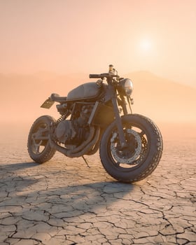Cafe Racer Motorcycle Close Up in Harsh Desert Scene With Matte and Chrome Details, Dry Cracked Earth and Dusty Sky for Conceptual Stock Use photo