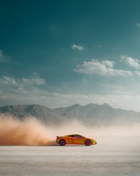 Orange Sports Car Racing Across Bright White Salt Desert With Blue Sky and Motion Dust, Captured From Side in Clean Minimal Background Scene photo