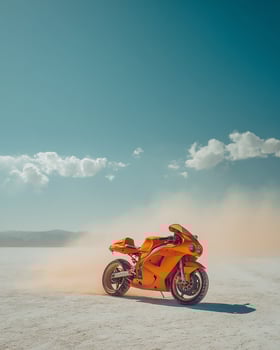 High Speed Orange Motorbike in Motion on Salt Desert With Strong Color Contrast, Dust Trails, and Minimalist Clean Composition for Stock Use photo