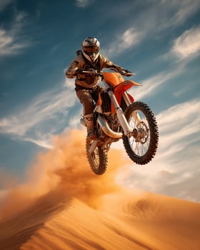Motocross Biker in Mid Air Jump Above Golden Desert Dunes with Stormy Sky Backdrop, Goggles On, Captured in Action Photography Style photo