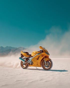 Gold Motorbike in Action on Bright Salt Flat Desert With Strong Sky Contrast and Clean Background, Captured in Motion for Speed and Isolation Themes photo