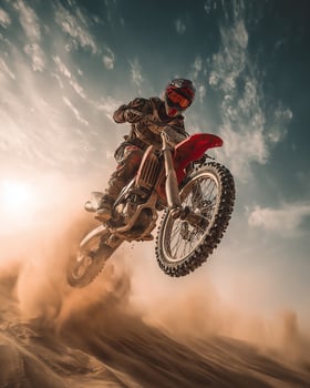 Dirt Bike Stunt in Desert Environment with Golden Sand and Cloudy Sky, Rider Fully Geared for Off Road Adventure and Sports Commercial Projects photo