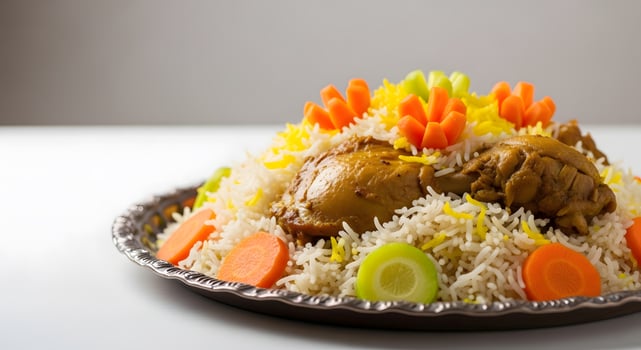 A plate of rice with chicken and vegetables photo