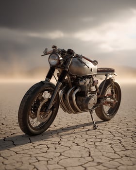 Detail View of Modern Cafe Racer Bike in Arid Desert Setting With Dramatic Sandstorm and Minimalist Design, Styled for Automotive Campaign photo