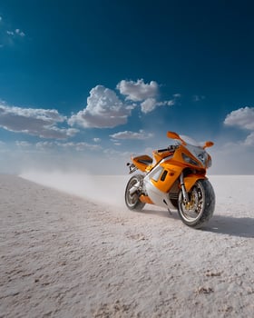 Golden Sports Motorcycle Racing Through Salt Desert With Flying Dust and Isolated Sky, Bold Color Contrast and Clean Composition For High End Visuals photo