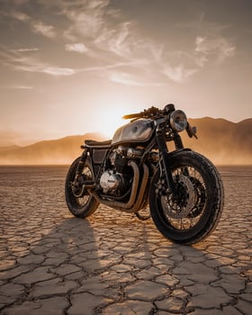 Focused Close Up of Cafe Racer with Chrome Accents on Cracked Desert Ground, Dramatic Dust Storm in Background for Moody Editorial Use photo