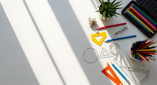 School supplies on a white table with sunlight photo