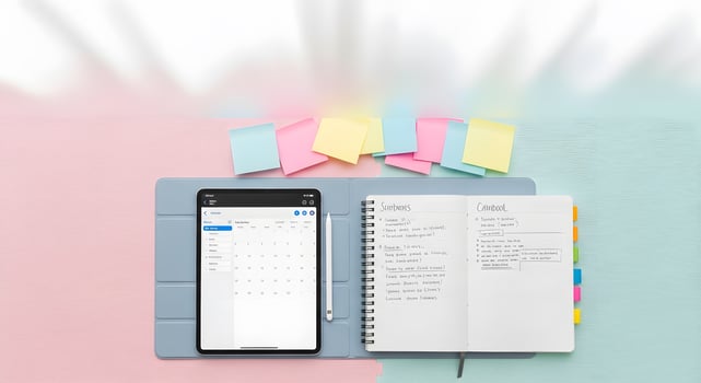 A planner, a phone and a notebook on a colorful table photo