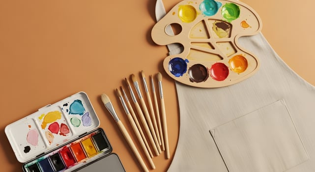 Apron, paint palette, brushes and paintbrushes on a table photo