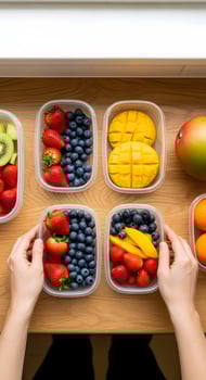 A person holding four containers of fruit and vegetables photo
