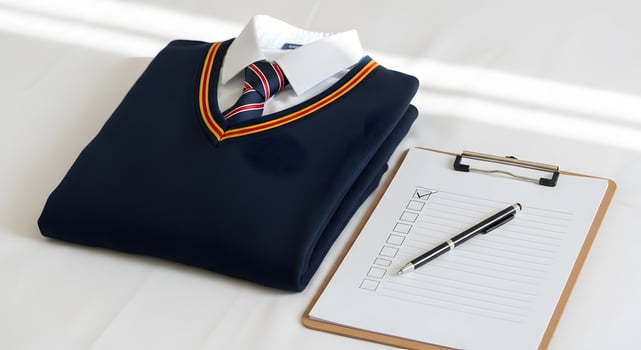 A school uniform and a clipboard with a pen photo