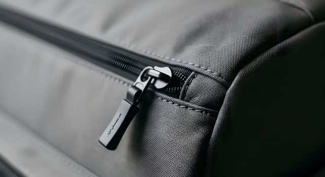A close up of a zipper on a gray bag photo