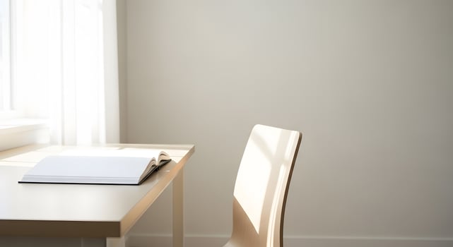 A chair and a desk in front of a window photo
