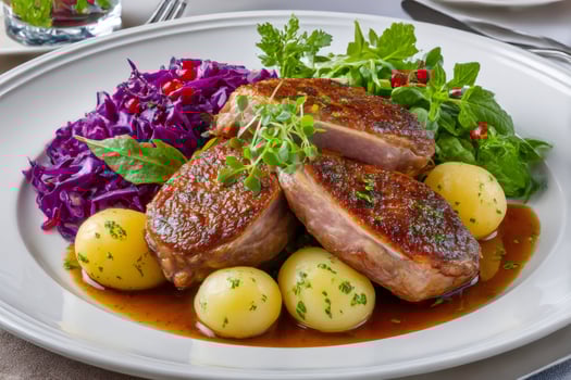 Roasted duck breast with potatoes and red cabbage lying on a white plate photo