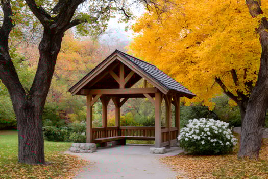 Wooden gazebo inviting visitors to relax in colorful autumn park photo