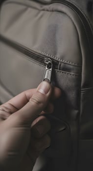 A person holding a zipper on a gray backpack photo