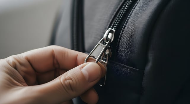 A person is holding a zipper on a black bag photo