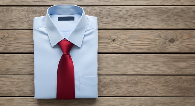 A blue shirt and red tie on a wooden table photo