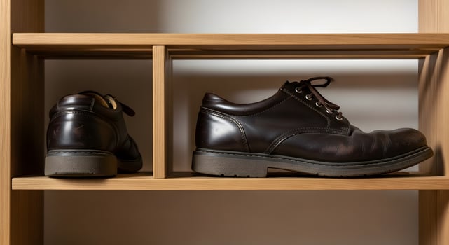 Two pairs of shoes are on a shelf photo