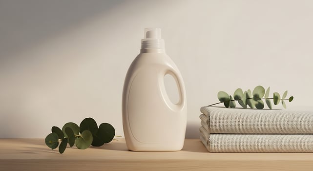 A bottle of liquid and a towel on a wooden table photo