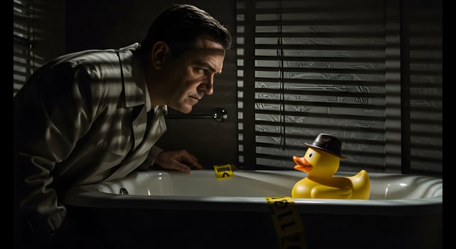Film Noir Detective Investigating a Mysterious Rubber Duck photo