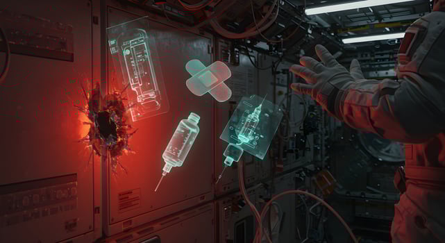 Astronaut Facing a Hull Breach with Holographic Medical Supplies in a Spaceship photo
