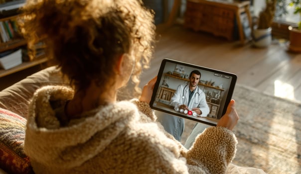 Woman having call with doctor on digital tablet at home photo