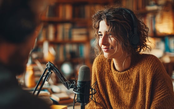 Young woman recording podcast with colleague in home studio photo