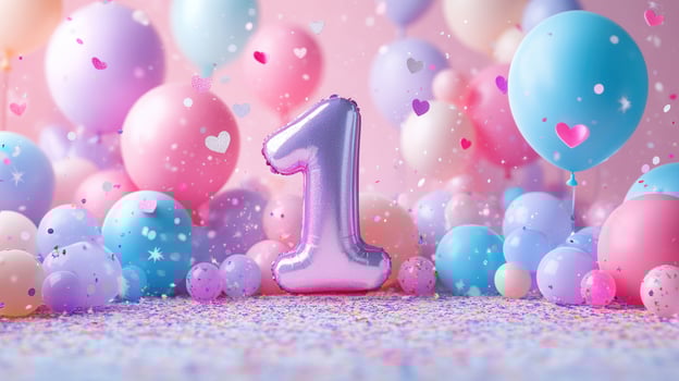 Pink number one balloon floating among colorful balloons and confetti, celebrating a first birthday photo