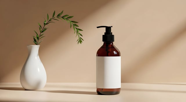 blank amber glass pump bottle with white mock up label photo