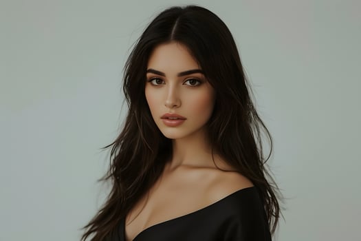 A beautiful young woman with long hair and a black dress photo