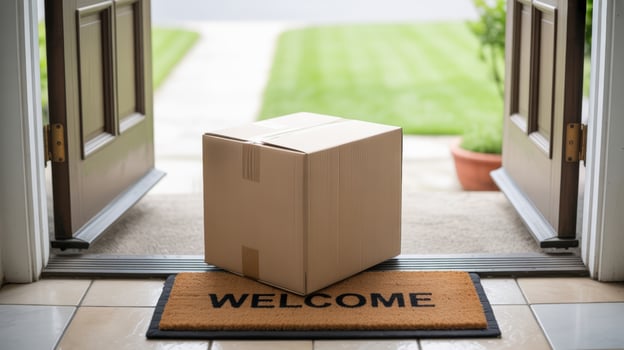 Delivery courier logistics ecommerce shipping. Package cardboard delivery shipping welcome doormat home entrance front porch box open door photo
