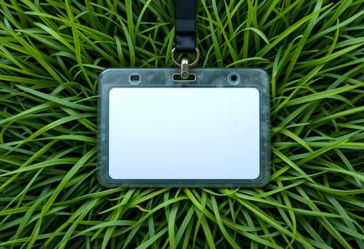 Blank ID card badge mockup with a strap is on green grass photo