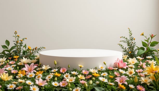 close up view of a minimalist podium resting atop a floral carpet of daisies, lilies, and greenery, set against a pale neutral backdrop. photo