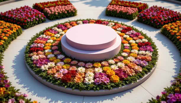 close up view of a podium encircled by circular flower beds with petals arranged in mandala like patterns, radiating outward in symmetry and color harmony photo
