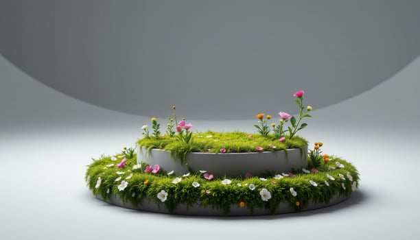 close up view of a podium resting on a circular platform covered entirely in moss and tiny blossoms, appearing like an untouched floral island in a vast empty space photo