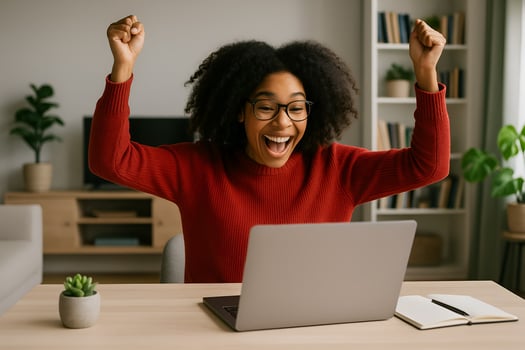 Thrilled woman celebrates success on laptop, excited by positive news in modern office photo