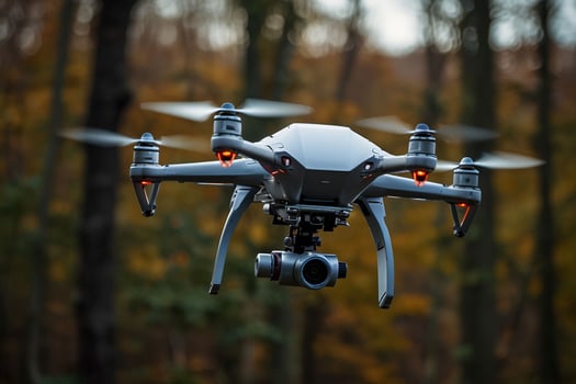 A small drone flying in the air over a forest photo