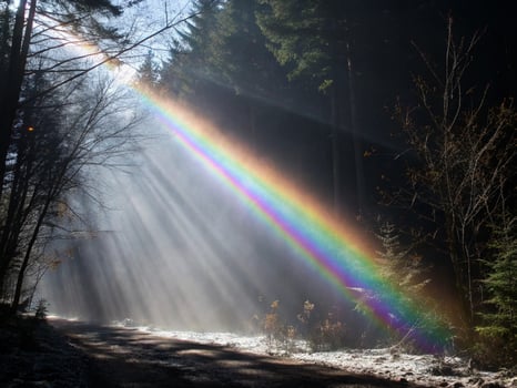 Of a vibrant rainbow sunbeam cut through the misty forest on a crisp morning photo