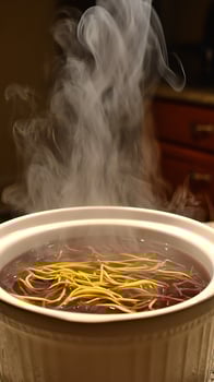 Steaming Hot Noodles Cooked Slowly in a White Crock Pot. photo