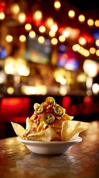 Delicious Nachos with Jalapenos and Melted Cheese in a Lively Bar Setting. photo