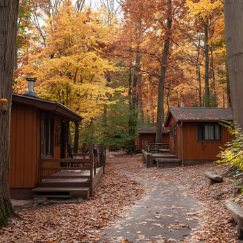 Rustic Cabins Nestled in a Vibrant Autumn Forest Scene. photo