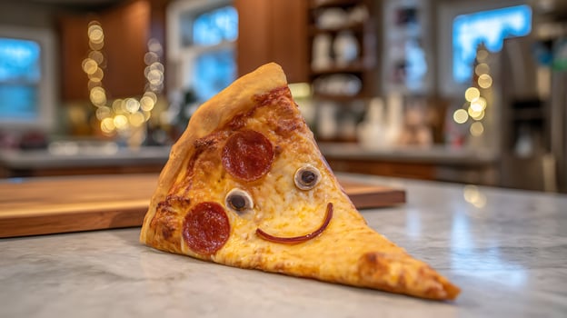 Happy Face Pepperoni Pizza Slice with Kitchen Bokeh Lights. photo