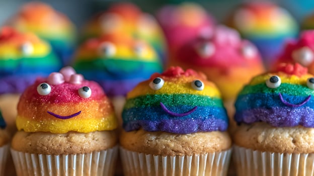 Delightful Rainbow Cupcakes with Cute Faces and Sparkling Frosting. photo