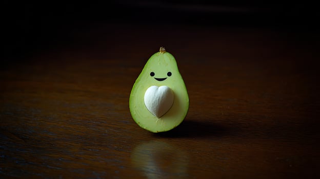 Cute Avocado with Heart Shape Stone Smiling on a Dark Wooden Table. photo